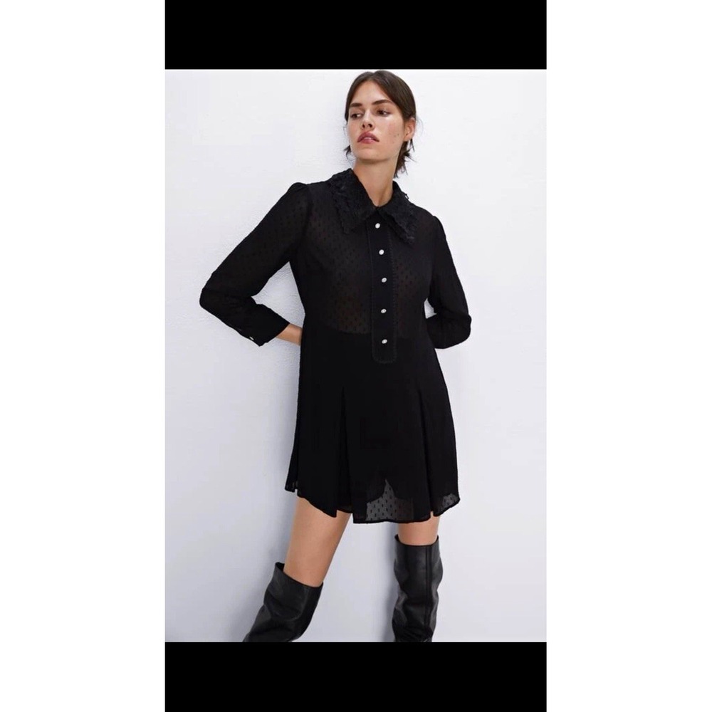 Zara Black Sheer Polka Dot Chiffon Lace Collar Button Jumpsuit size XS